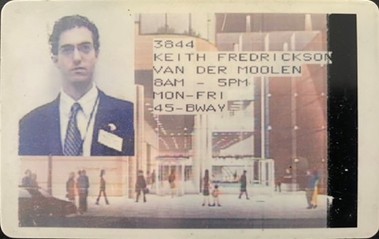 Transcendent Prosperity - ID badge displaying a photo of a man in a suit, Keith Fredrickson Financial Advisor, with text including his name, work hours, and location, over a background of an indoor architectural scene.