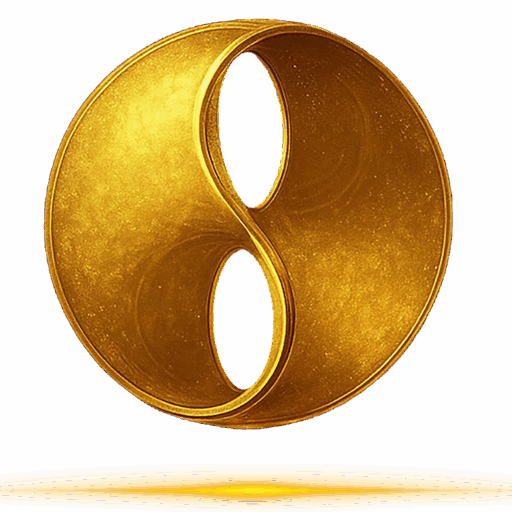 Transcendent Prosperity - A gold yin-yang symbol with a metallic texture, hovering above a subtle yellow shadow on a white background.