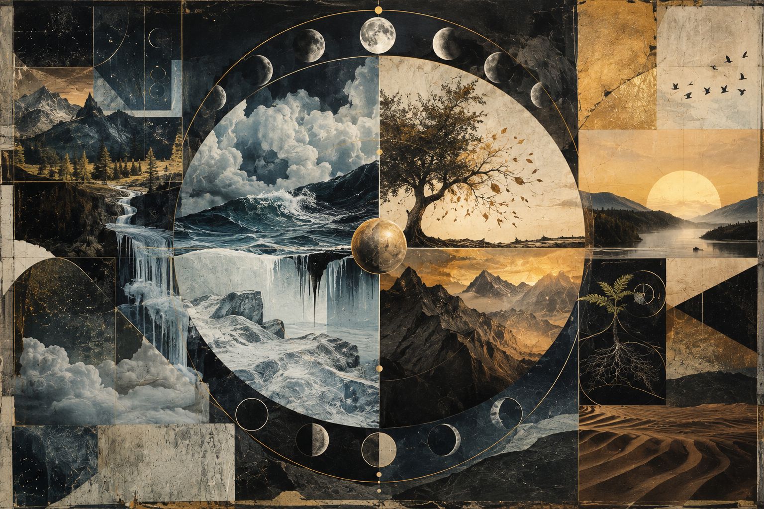 Transcendent Prosperity - A circular composition divides four landscapes—mountains, ocean, tree, and desert—surrounded by moon phases, blending elements of nature and celestial imagery in earthy tones. This harmonious design evokes the spirit of Labor Day, celebrating the balance between hard work and nature’s enduring beauty.