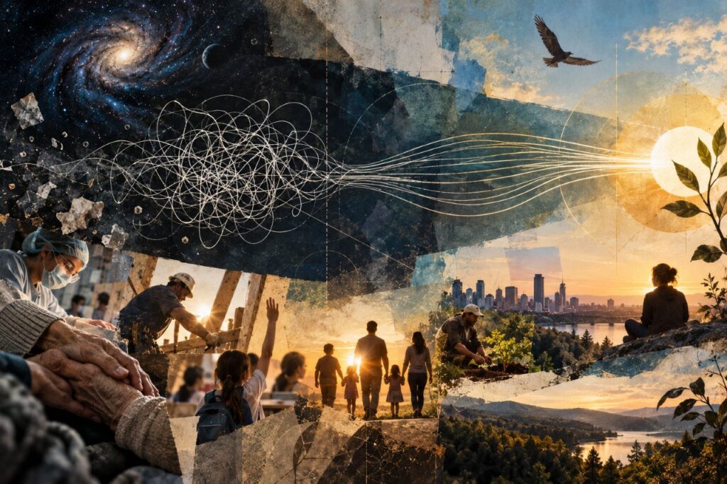 Transcendent Prosperity - Labor Day 2026 Collage of cosmic, scientific, urban, and natural scenes, including people, cityscapes, forests, and symbolic lines connecting space, nature, and humanity.